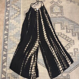 JODIFL Black and Cream Striped Halter Wide-Leg Jumpsuit